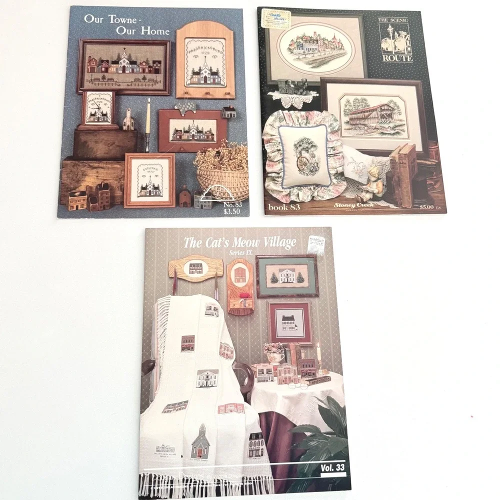 Lot of 3 Vintage Cross Stitch Pattern‎ Books Village Sampler Country Folk Art